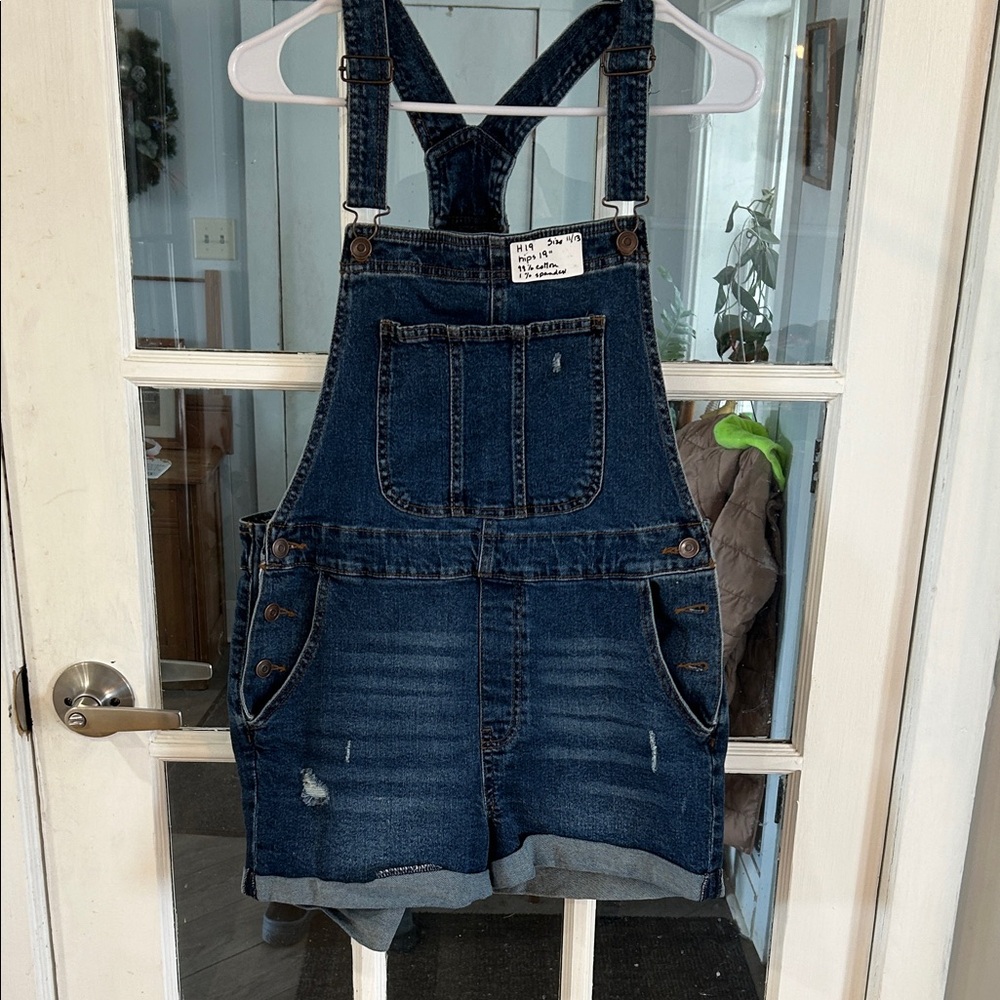 H19.    No Boundaries Black Label Denim Shortalls with Pink Logo